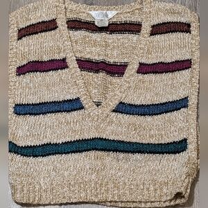 HUG Women's Medium V-Neck Striped Sweater Vest in Cream with Multicolor Stripes